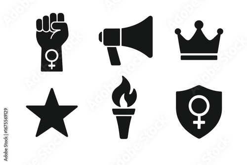Women's Empowerment Icons Solid Filled Vector Set Featuring Raised Fist, Megaphone, Crown, Torch, Star, and Shield Symbols for Feminist Activism and Strength