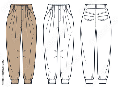 High Waist Pleated Pants with Cuffs Fashion Flat Sketch. Denim Pants fashion flat technical drawing template, pockets, front, back view,  white, beige, women, men, unisex CAD mockup.