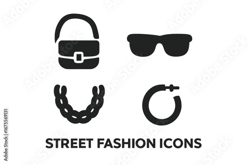 Street fashion icon set. Solid glyph vector illustration of modern urban accessories. Crossbody bag, sunglasses, chain necklace, hoop earring. Style and trend concept.