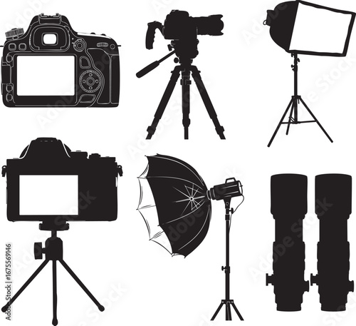 Photography Equipment Silhouette Set – Cameras, Tripods, Studio Lights, Umbrella, and Lenses Vector Collection