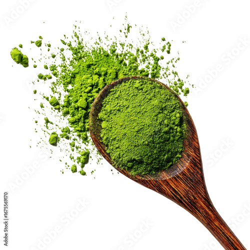 Vibrant Green Matcha Powder Exploding from Wooden Spoon