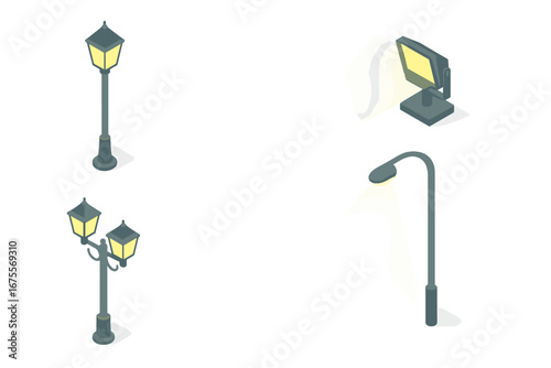 Street lighting icons isometric set. Vector collection of city lampposts, floodlight, and classic decorative lanterns. Urban outdoor electric lamp posts for city design elements.