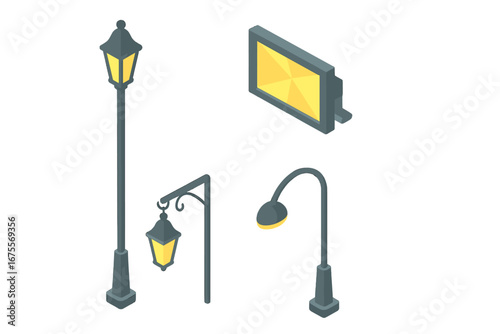 Street lighting isometric icon set. Urban outdoor lamps vector collection. Lamppost, floodlight, decorative lantern, and modern city light pole. Isolated 3d design element.
