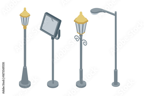 Isometric street lighting icon set. Vector illustration of urban city lights, lamppost, floodlight, decorative lantern, and modern pole. Outdoor park illumination elements.