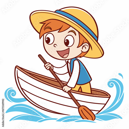 A happy, cartoon boy with reddish-brown hair is wearing a straw hat with a blue ribbon, a white shirt, and a blue vest. He's smiling and paddling a small, white rowboat through blue waves.
