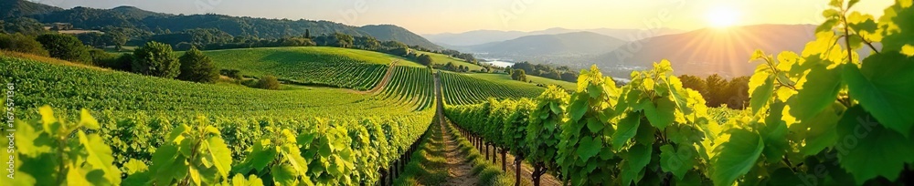 Fototapeta premium Rows of lush green grapevines stretching across a sun-drenched hillside, ready for harvest A picturesque vineyard scene perfect for wine country tourism and labels , wine production, winery
