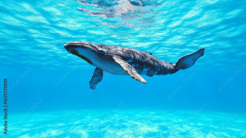 Obraz premium Majestic Humpback Whale Swimming Gracefully in Crystal Clear Blue Ocean Waters