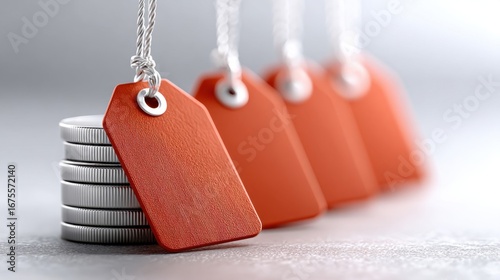 Stacked coins with orange price tags hanging above them, symbolizing commerce and pricing strategies in a minimalist setting.