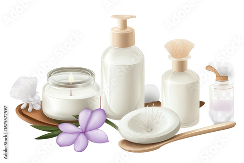 Spa essentials featuring candles, skincare products, and calming flowers for a relaxing wellness experience at home