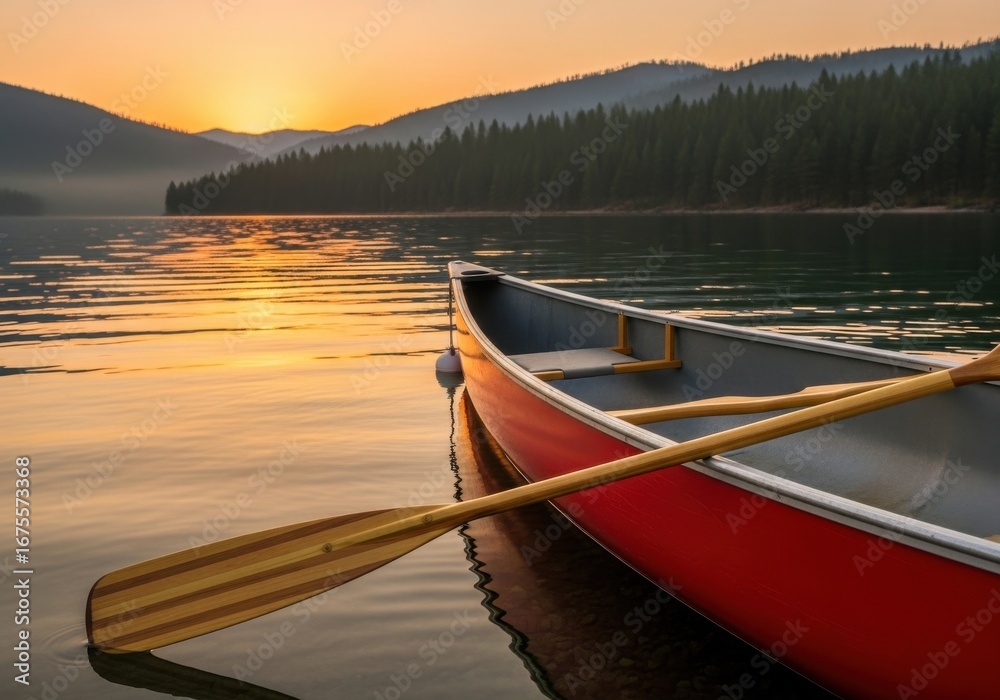 Obraz premium Tranquil morning canoe ride on a serene lake at sunset with mountains