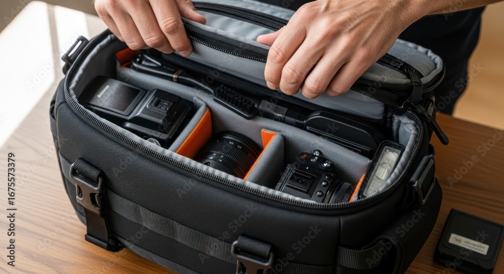 Fototapeta premium Photographer Opening Camera Bag, Equipment and Gear Inside.