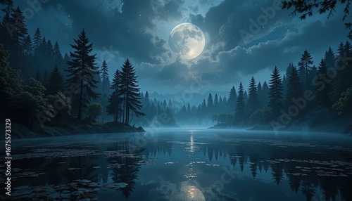 A serene lake scene under a full moon, framed by a dense forest, bathed in a tranquil bluish-gray light.