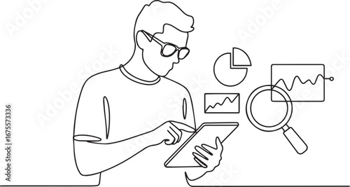 Continuous one line drawing of person using tablet with business analytics elements including pie chart, graph and magnifying glass icon