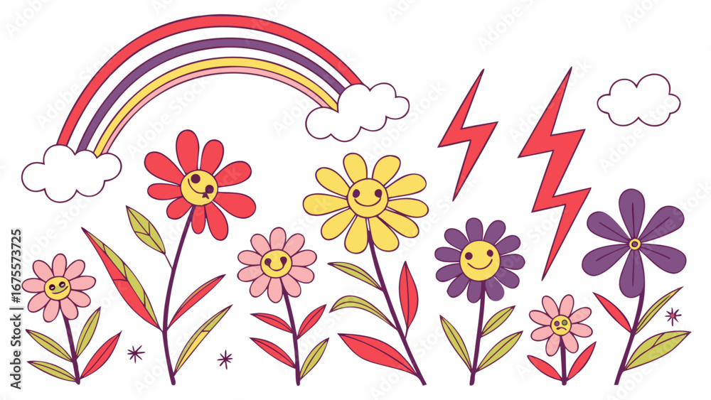 Obraz premium Whimsical retro daisy flowers with rainbow and lightning bolts on a white background