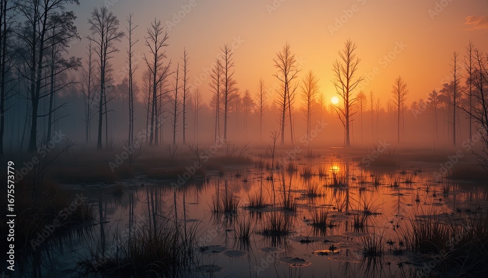 Fototapeta premium A serene sunrise paints a tranquil marsh landscape, with silhouettes of bare trees reflected in the still water, enveloped in a soft morning mist.