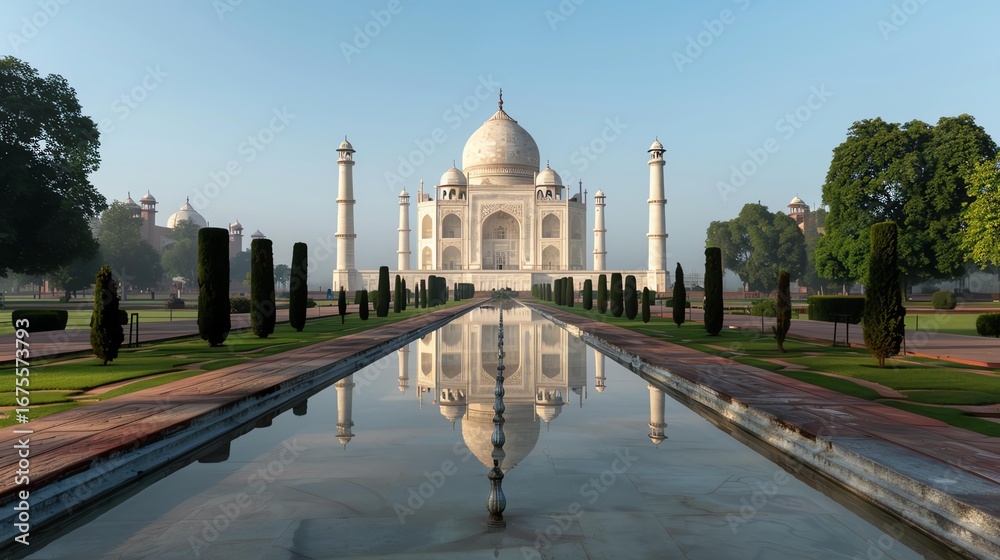 Obraz premium Taj Mahal reflecting in a tranquil water pool.