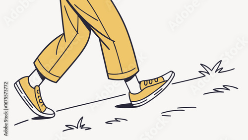 Close up of stylish person wearing yellow pants and sneakers walking forward leaving footprints on a path in a minimalist illustration