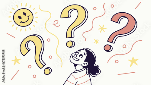 Curious young person with curly hair looking up at question marks and a smiling sun surrounded by abstract shapes and stars