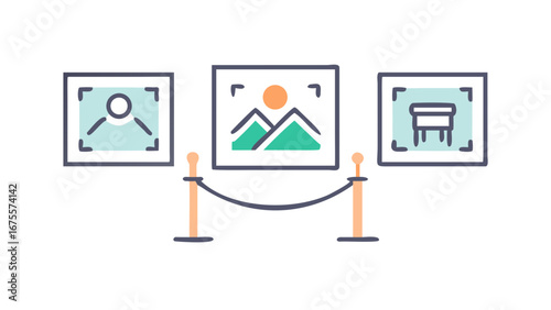 Cartoon illustration of a museum exhibition with three framed artworks displayed on a wall behind a velvet rope barrier