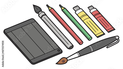 Collection of art supplies including a drawing tablet pencils paint tubes and a paintbrush arranged on a white background