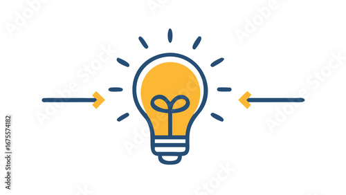 Conceptual illustration of two opposing arrows pointing towards a glowing light bulb symbolizing inspiration convergence and the generation of new ideas