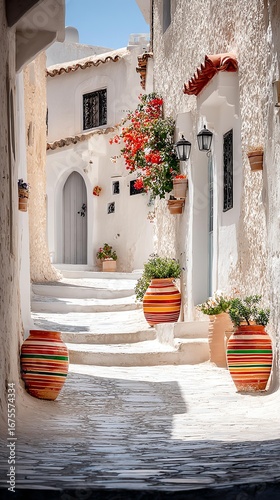 Fototapeta Naklejka Na Ścianę i Meble -  Charming Mediterranean alley with colorful pots.