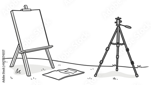 A simple line drawing of an empty canvas on an easel next to a tripod and an open book on the grass