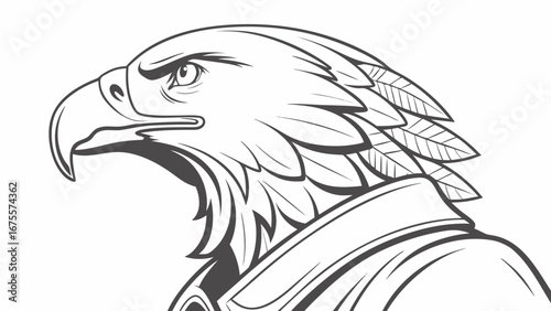 A striking black and white illustration of an eagle s head in profile showcasing its sharp beak and determined eye adorned with feathers and a collar