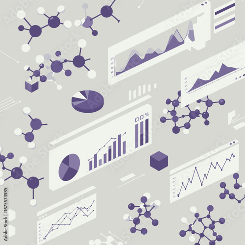 Abstract isometric science data visualization with molecules and graphs in purple hue