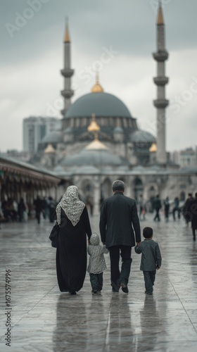 Family walking towards mosque during cloudy day