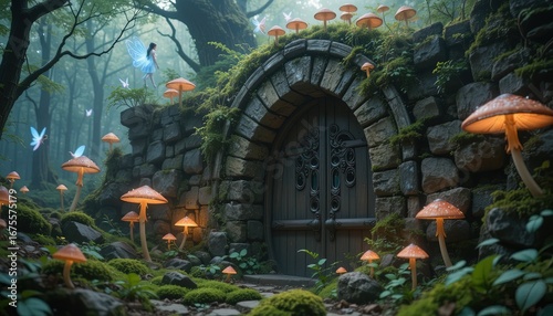 A mystical stone archway, nestled within a misty forest, glows with the warm light of illuminated mushrooms, revealing a hidden pathway into an enchanted realm.