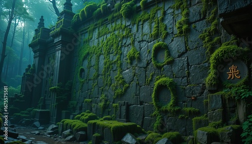 A verdant, overgrown ancient stone gatehouse, shrouded in misty forest gloom, stands silently amidst decaying ruins.