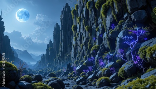 A tranquil, moonlit valley, framed by towering, dark rock formations, and adorned with vibrant, glowing flora, creates a captivating, otherworldly scene.