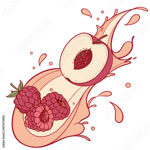Peach Raspberry Gradient Smoothie Splash Vector Illustration. Perfect for: fruity drink promotions, smoothie menu visuals, summer ads