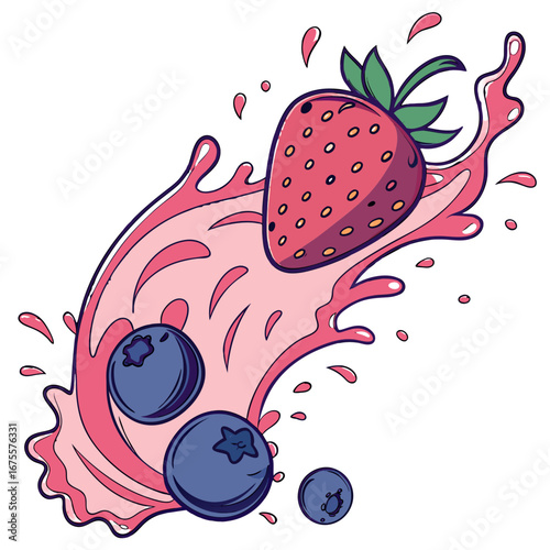Strawberry Blueberry Gradient Smoothie Splash Vector Illustration. Perfect for: summer drink ads, berry smoothie packaging, fruit mix branding