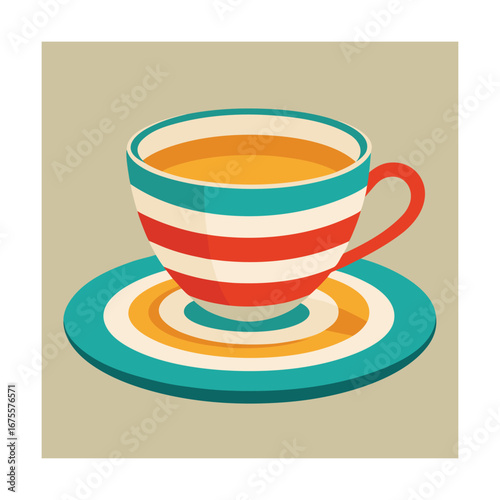 Striped Teacup and Saucer on Neutral Background coffee cup