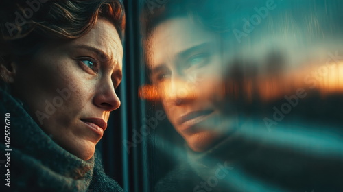 Reflective moment train journey emotional portrait urban environment close-up view inner conflict and isolation