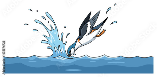 Cartoon bird diving into water with a splash illustration.