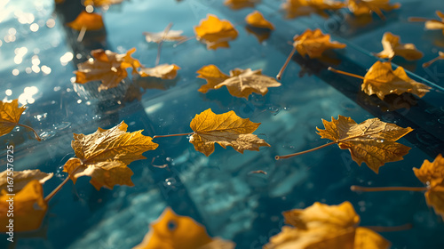 Floating Autumn Leaves on Clear Water