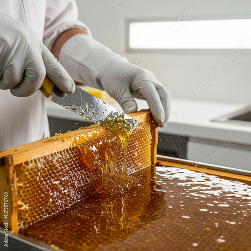 A detailed and professional shot of a beekeeper's hands harvesting golden honey from a frame in a modern extraction room
