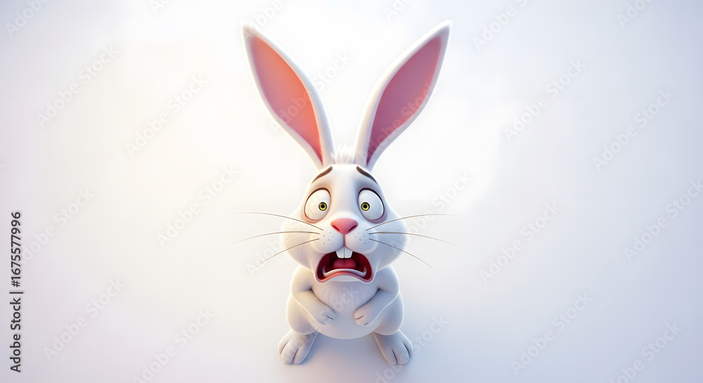 Fototapeta premium Anxious Cartoon Rabbit: Wide-Eyed Fear on White