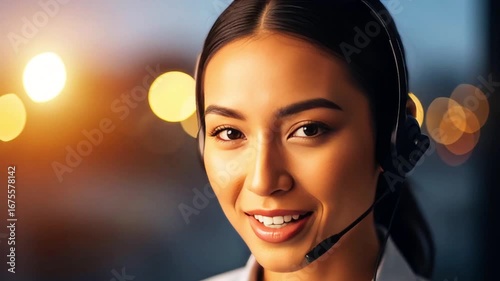 Young woman wearing a headset engaged in a conversation, with a blurred cityscape in the background