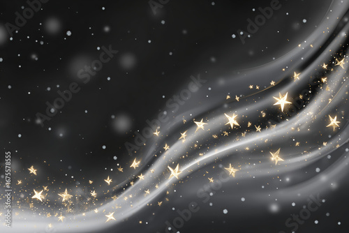 Black background with twinkling stars and flowing light stripes, festive atmosphere