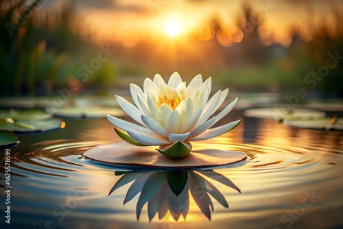 Serene White Water Lily at Sunset Golden Hour