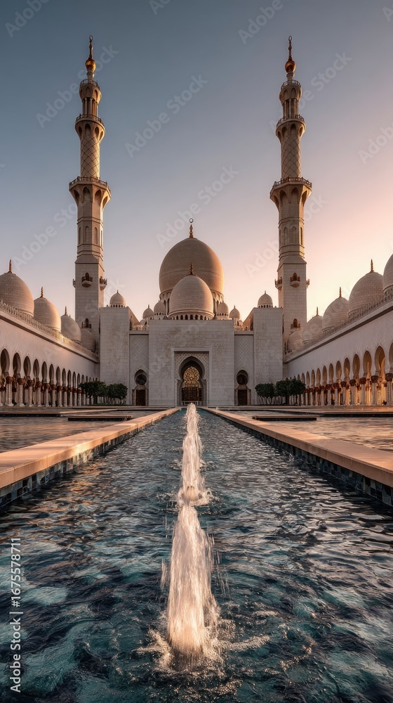 Naklejka premium Majestic mosque with reflecting pools at sunset