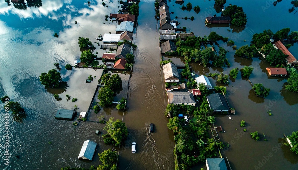Fototapeta premium Devastating Aerial View of Flood-Ravaged Neighborhood