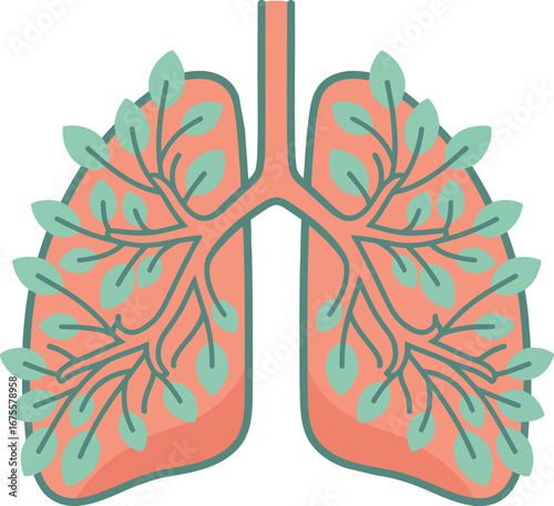 Illustration of lungs with branching structures resembling tree branches and leaves, symbolizing respiratory health and nature.