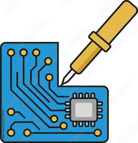 Illustration of a soldering iron touching a blue circuit board with a chip.