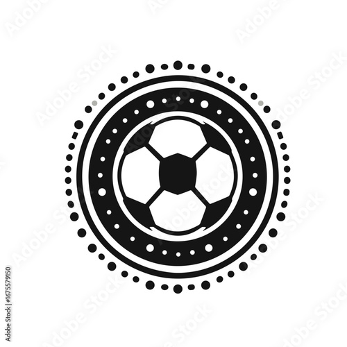 Stylized black and white soccer ball icon within decorative circular design