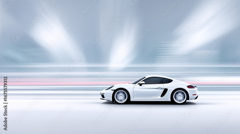 Obraz premium Sleek white sports car in motion with blurred background showcasing speed and modern design